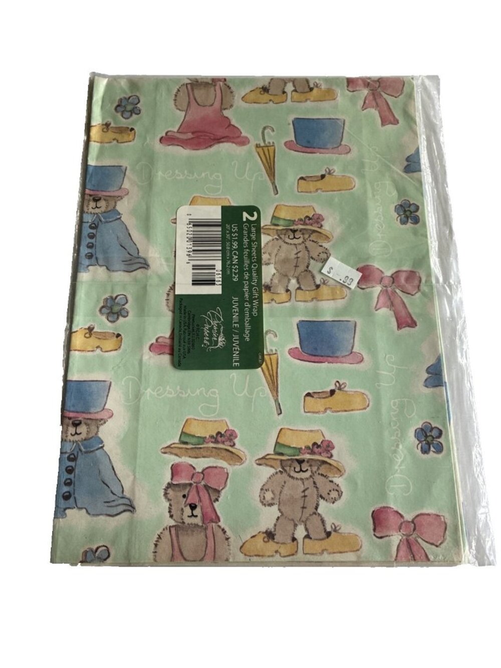 Vintage Teddy Bear Dressing Up Gift Wrap 2 Sheets Juvenile Wrapping Paper 20x30